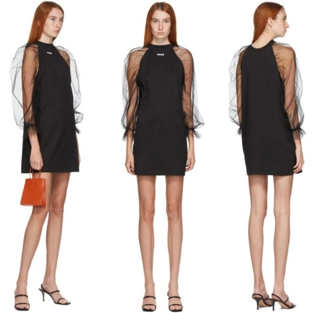 MSGM Black Long Tulle Sleeve Dress‎ Size S Cotton Jersey Mini Crewneck